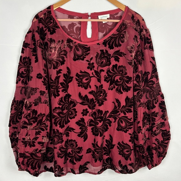 Sundance Women Burnout Velvet Peasant Blouse Top Sz L Burgundy Whimsigoth Fairy - Picture 1 of 12